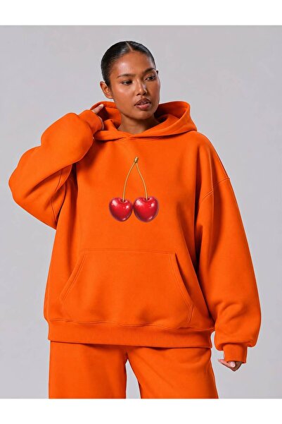 BENROMA 3 Yarn Combed Cotton Cherry Printed Plus Size Unisex Sweatshirt Mq3