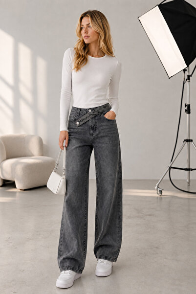SHEVEGA Women's Anthracite Belt Detailed Embroidered Straight Jean Wide Leg J...