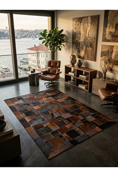 DOGANLAR ANTIQ GERÇEK DANA DERİSİ PATCHWORK 06 KOYU KAHVE ÖZEL TASARIM HALI