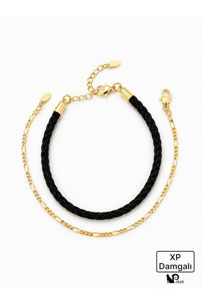 POKAK Xuping Jewelry Kombin Altın Kaplama Siyah Örgü İp ve Figaro Zincir İkil...