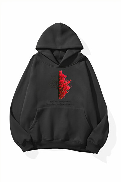 uyguntarz Unisex Soft Textured Red Tree Printed Design Oversize 3 Thread Hood...
