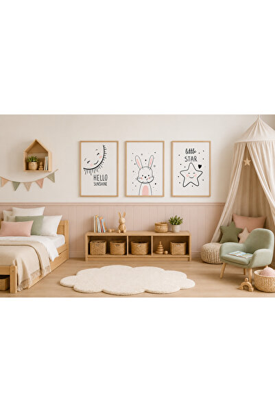 RDEKOR Sevimli Tavşan, Güneş ve Yıldız Temalı Çocuk Odası Modern 3'lü Set Dek...