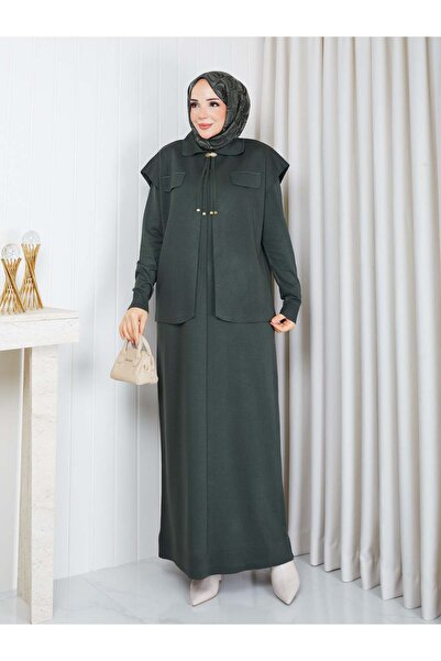 PAVENTİ Vest-Style Full-Length Stylish Knitwear Set Khaki