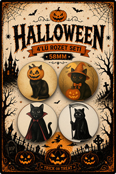 Halloween 4'lü Kedi Temalı 58 mm Rozet Seti | Cadılar Bayramı Kedi Rozetleri | Çanta Mont Ceket Aksesuarı
