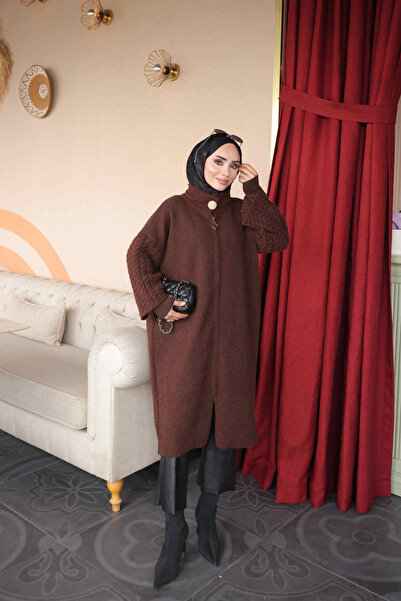 İmajButik Καφέ ζακέτα από τσόχα με διπλό μανίκι και φερμουάρ