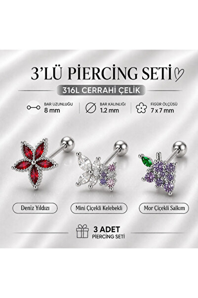 Heppii 3'lü Piercing Seti 316L Çelik Helix Tragus Kıkırdak Deniz Yıldızı Çiçe...