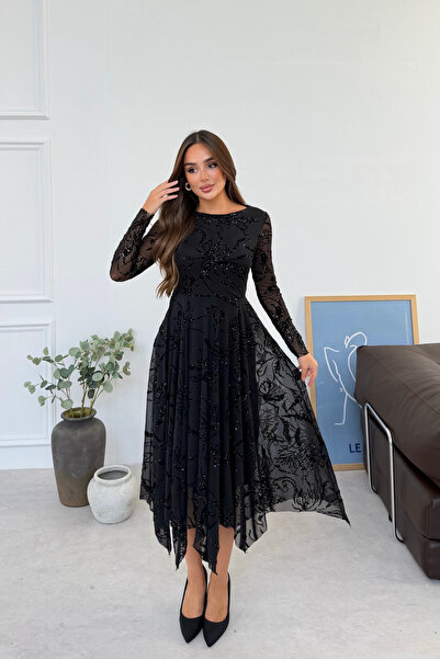 MİROR Women's Black Glittery Flocked Printed Long Sleeve Asymmetrical Skirt D...
