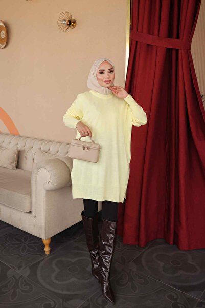 İmajButik Limon Sarısı Bisiklet Yaka Merserize Salaş Triko Tunik