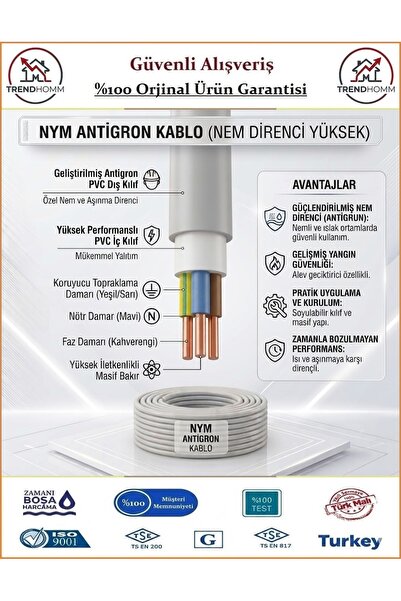 ÖZNUR 3x2,5 NYM Antigron Elektrik Kablosu - %100 Bakır - 2 Metre