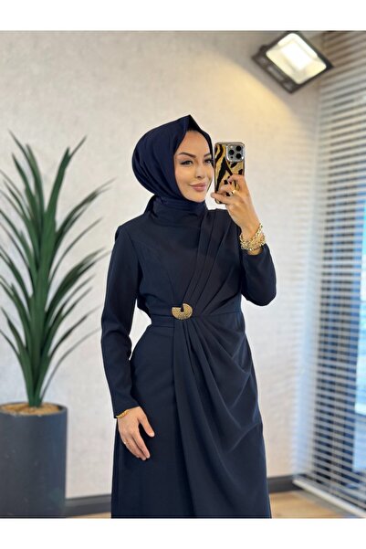 ALANURMODA 12678 Kruvaze Pileli Elbise Lacivert