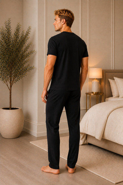 Pijamask Erkek Kısa Kollu Baskılı Pijama Takımı Rahat Kalıp Uzun Alt Ev Giyim