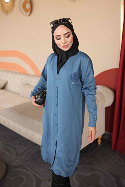 İmajButik Ζακέτα πλεκτή με κέντημα στο γιακά σε χρώμα ίντιγκο και κρύο νήμα