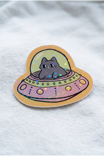 Plumie Uzay Gemisinde Kedi Hologramlı Laminasyonlu Sevimli Sticker – UFO, Lap...