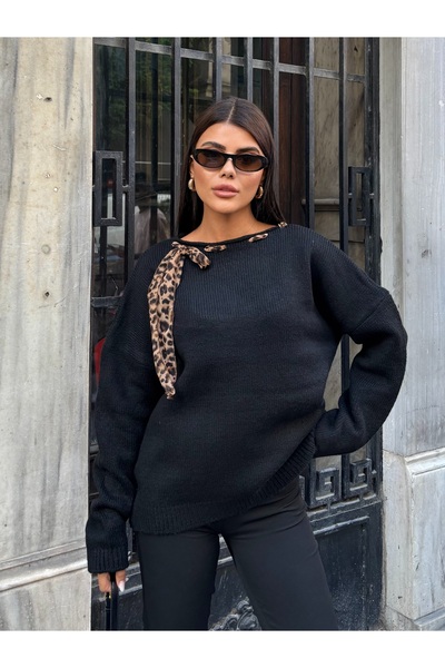 Cistern İstanbul Pulover tricotat cu eșarfă leopard pentru femei