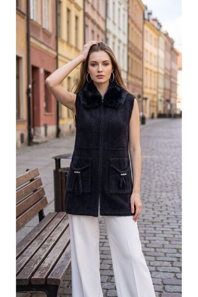 AYMİSS Fashionable Vest with Fur Collar, Zipper, Pockets and Accessories