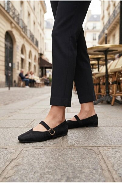 İncilaPearla Women's Black Suede Rubber Buckle Strap Ballerinas Flat Sole Dai...