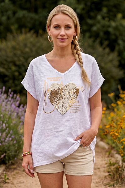 Chiccy Italian White V-Neck Low Sleeve Appliqué Foil Printed Casual Linen Wov...