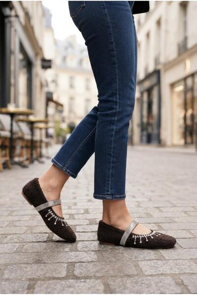 İncilaPearla Mira Women's Brown Plush Stone-Strapped Ballerinas Special Design Daily Home Office Shoes