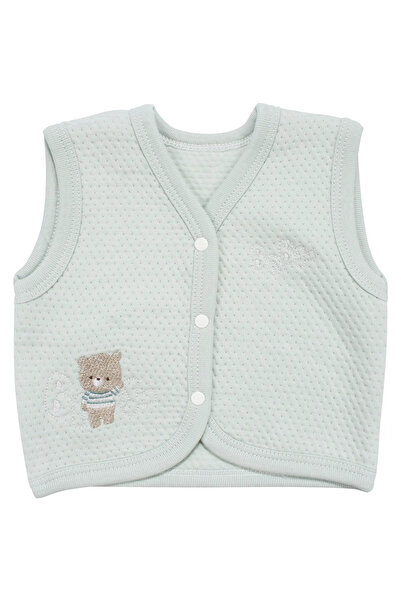 bebegen Baby Boy Green Bear Embroidered Quilted Combed Cotton Vest