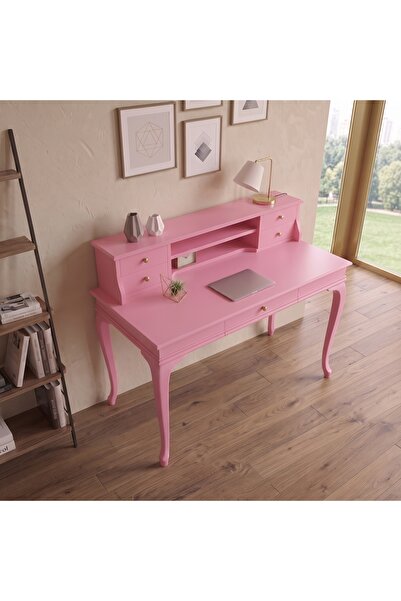 ROYS AHŞAP 100 Cm Pembe Raflı Masif Çalışma Masası