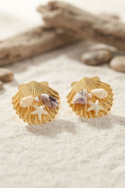 norsary Gold Color Shell Earrings with Starfish and Purple Stone Detail