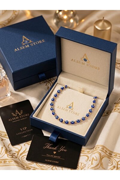 Alsem Store Handmade Blue Glass Evil Eye Beaded Necklace, Gold Dorika Minimal...