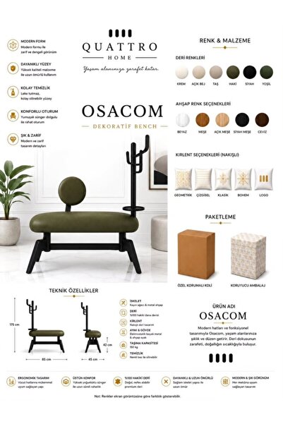 QUATTRO HOME Osacom Askılıklı Dekoratif Bench – Hakiki Deri Oturumlu, Metal v...