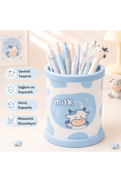 synshop Kawaii Blue and White Milk Cow Pattern Desktop Pen Holder Organizer –...