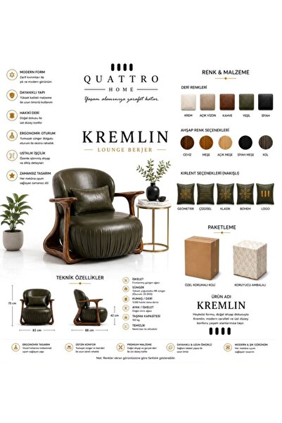 QUATTRO HOME Kremlin Hakiki Deri Lounge Berjer – Doğal Ceviz Ahşap İskeletli