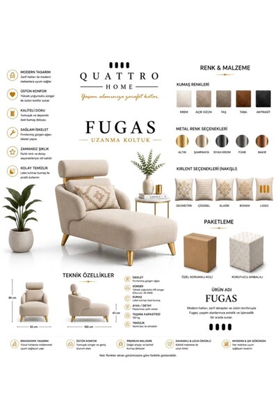 QUATTRO HOME Fugas Uzanma Koltuğu – Premium Kumaşlı, Metal Ayaklı Modern Şezlong