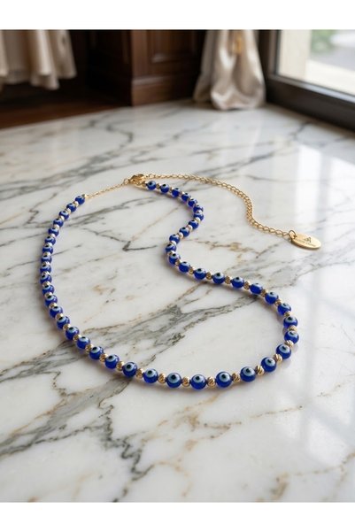 Alsem Store Handmade Blue Glass Evil Eye Beaded Necklace, Gold Dorika Minimal Evil Eye Bead