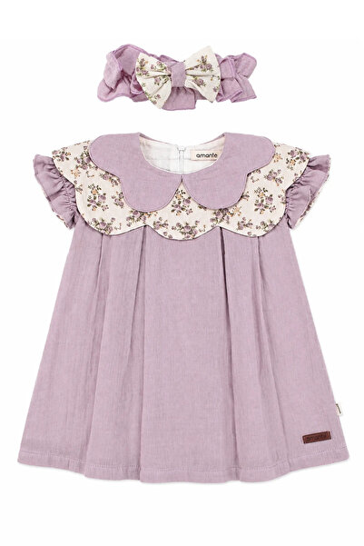 bebegen Baby Girl Ecru Lilac Floral Collared Bandana Muslin Dress