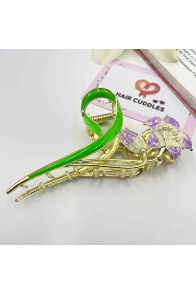 Glamluxe Gold Color Lilac Floral Green Enamel Stylish Metal Hairpin Hair Acce...