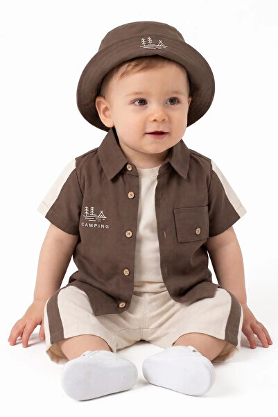 bebegen Baby Boy Luxury Beige Brown Camping Lettered Shirt, Hat and Shorts Li...