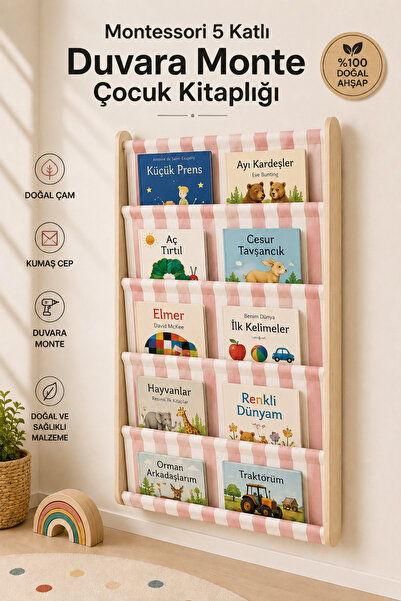 EverAlpina Montessori Duvara Monte Ahşap Çocuk Kitaplığı Kumaş Cepli Kitap Dü...
