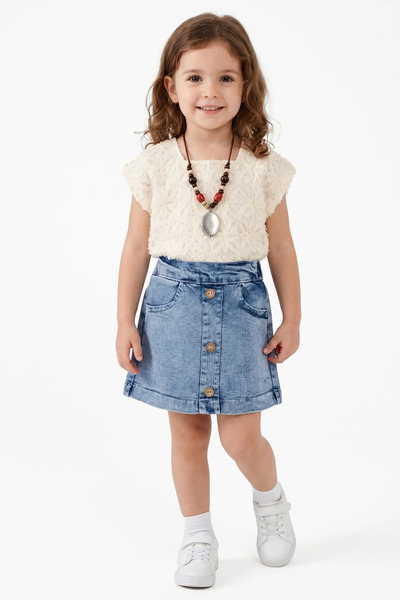 bebegen Girl's Ecru Tulle Floral Embossed Denim Skirt and Necklace Set
