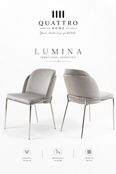 QUATTRO HOME Lumina Gri Kadife Döşemeli Krom Metal Ayaklı Yemek Odası Sandalyesi