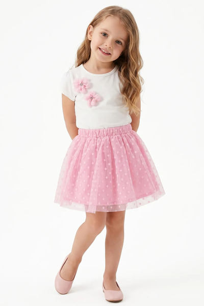 bebegen Girl's White Pink Stone-Embellished Floral Tulle Skirt 2-Piece Set