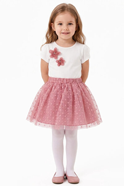 bebegen Girl's White Dusty Rose Stone-Embellished Floral Tulle Skirt 2-Piece Set