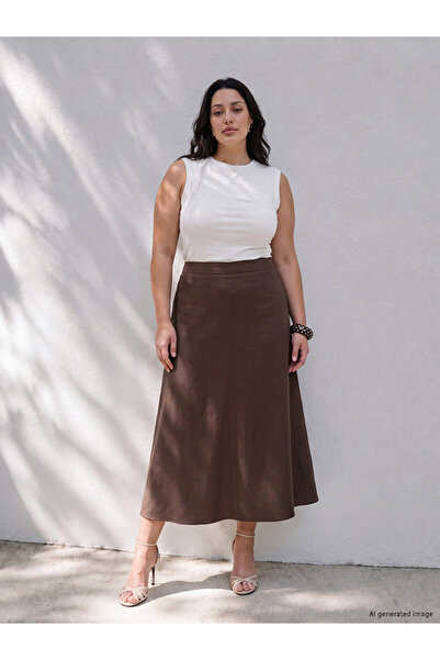 LC Waikiki Vizyon New Season Brown Plus Size Flared Skirt with Zipper at the ...