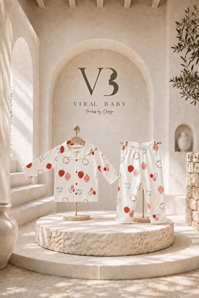 %100 Pamuklu Çilek Desenli Düğmeli Bebek Pijama Takımı Alt Üst İkili Set