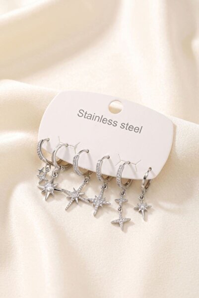 norsary 316L Steel Silver Color Zircon Stone Pole Star Model Women's Earring Set