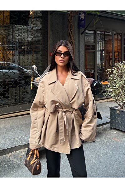Cistern İstanbul Women's Double Buttoned Oversized Short Trench Coat with Tie...