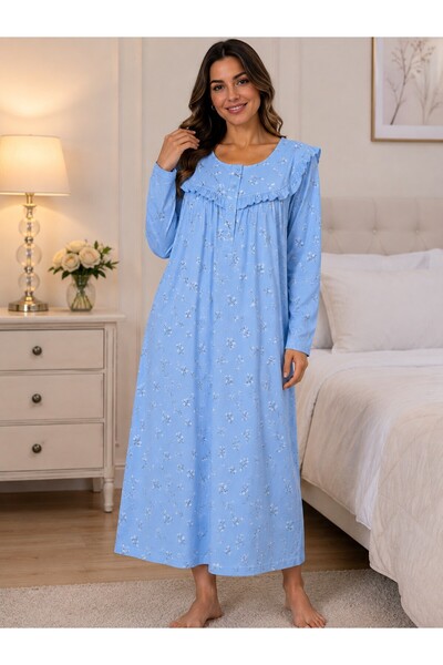 Alize Moda Long Sleeve 100% Cotton Floral Patterned Oversized Women's Nightgown