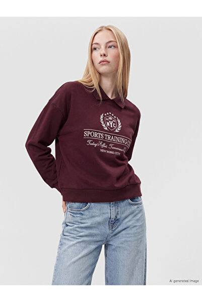 LC Waikiki Burgundy Polo Collar Embroidered Oversize Women's Sweatshirt
