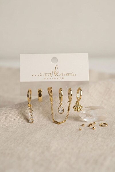 norsary Gold Color Brass Zircon Stone Detailed 6-Piece Earring Combination Set