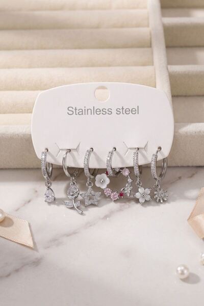 norsary 316L Steel Silver Color Flower Detailed Women's Earring Set