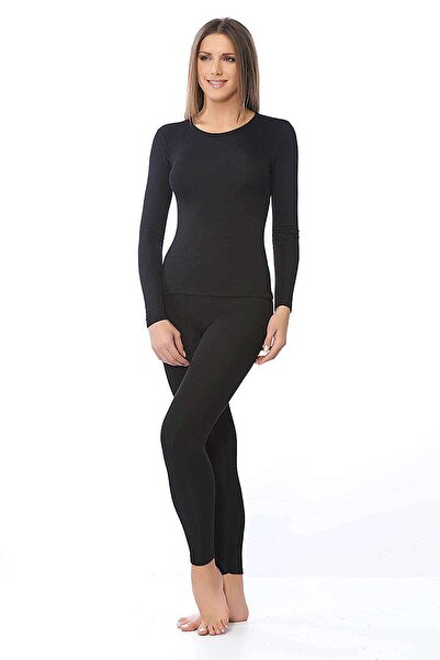 Zulu Ticaret Tutku-Women's Winter Thermal Warm Tights Undershirt Set Black