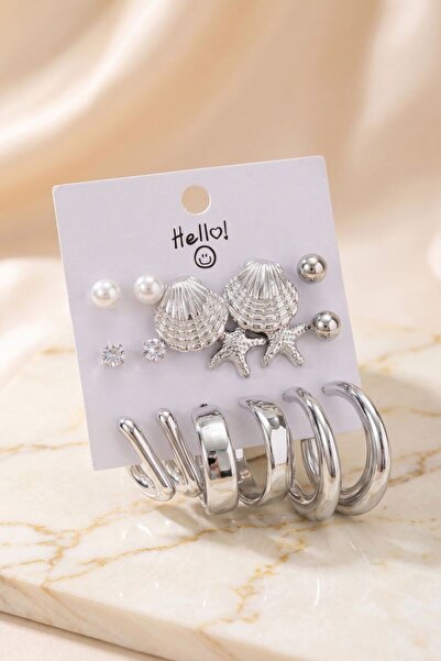 norsary Metallic Finish Silver Color Sea Shell Detailed Ccb 9 Pairs Women's E...