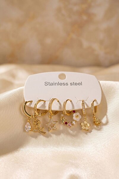 norsary 316L Steel Gold Color Flower Detailed Women's Earring Set